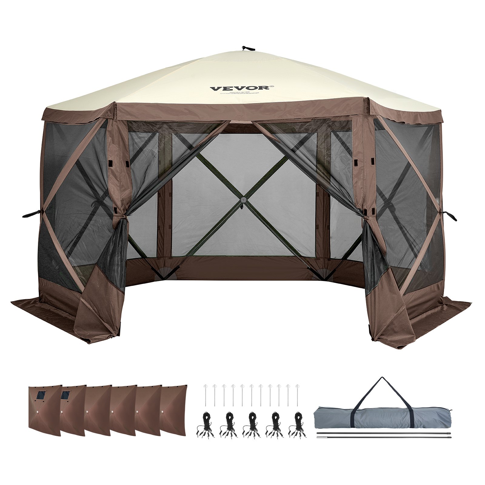 VEVOR pop up gazebo tent with mesh walls, side panels, stakes, ropes, and carry bag displayed.