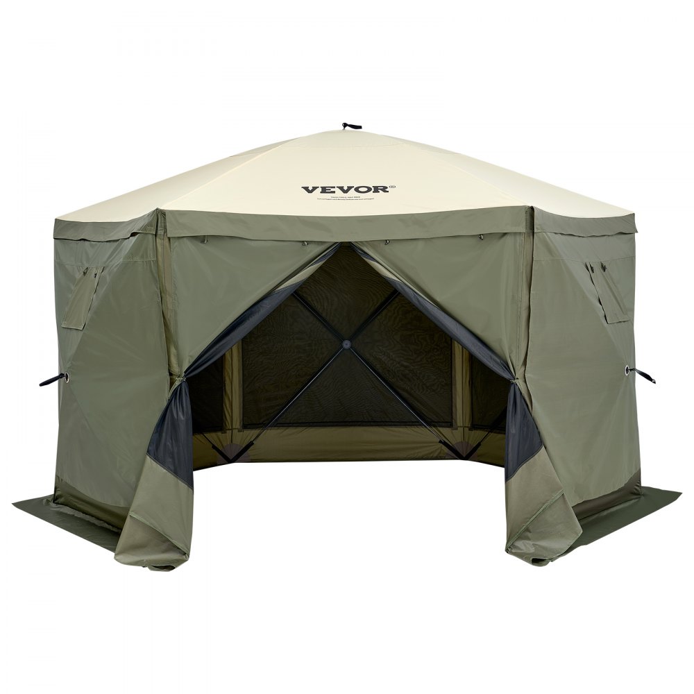 outdoor green-and-beige VEVOR pop up gazebo tent with partially open front flap.