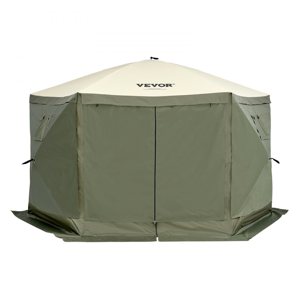 VEVOR pop up gazebo tent, green with zip-up entrance, beige canopy, and side windows.