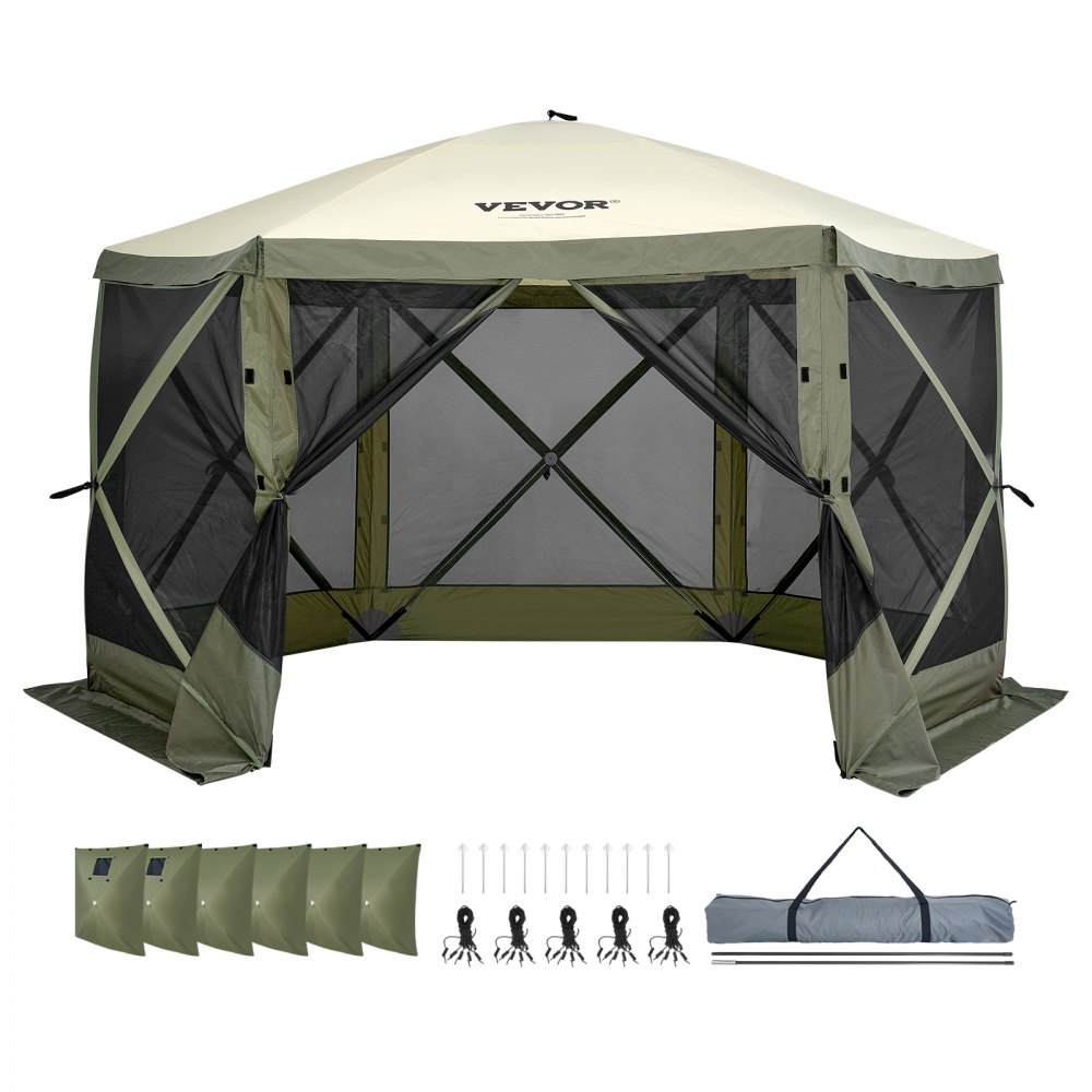 VEVOR pop up gazebo tent with mesh sides, stakes, weights, and carry bag included.