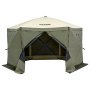outdoor green-and-beige VEVOR pop up gazebo tent with partially open front flap.