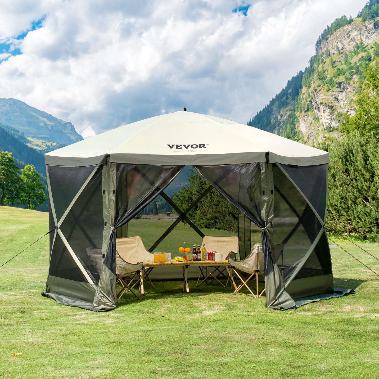 VEVOR pop up gazebo tent in scenic meadow, surrounded by chairs and picnic setup, mountains in background.