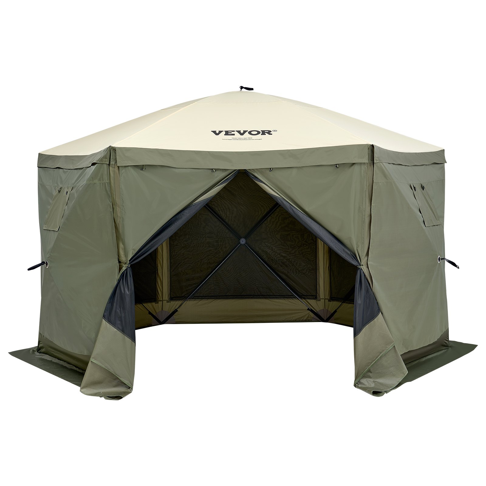 outdoor green-and-beige VEVOR pop up gazebo tent with partially open front flap.