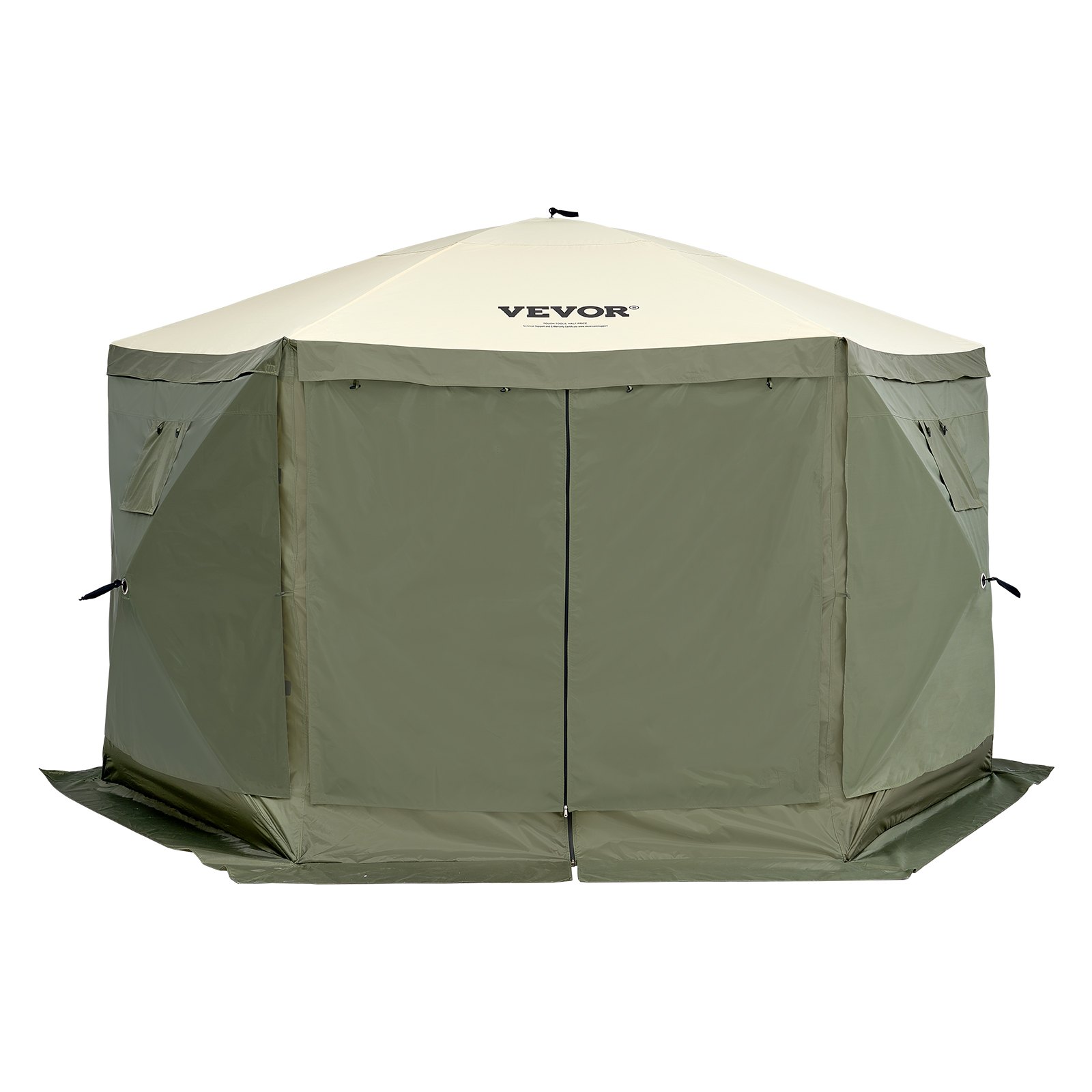 VEVOR pop up gazebo tent, green with zip-up entrance, beige canopy, and side windows.