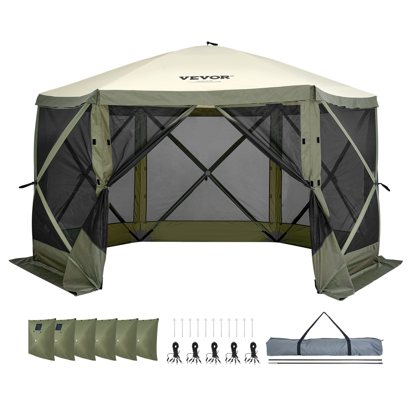 VEVOR pop up gazebo tent with mesh sides, stakes, weights, and carry bag included.