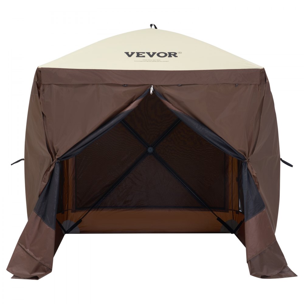 VEVOR pop-up gazebo tent with brown sides and beige roof, displaying the brand logo.