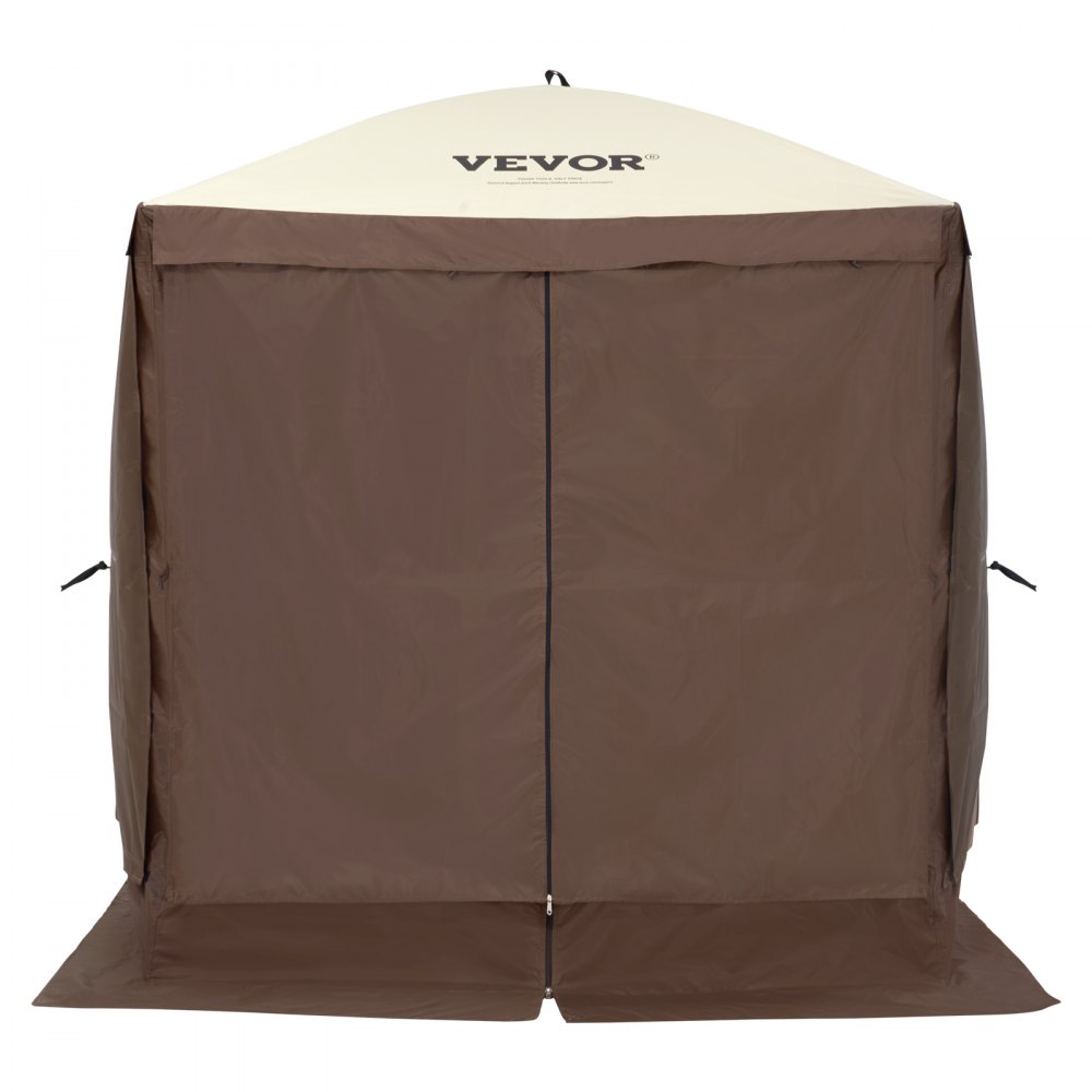VEVOR pop-up gazebo tent with brown fabric sides and white roof, fully closed front zipper.