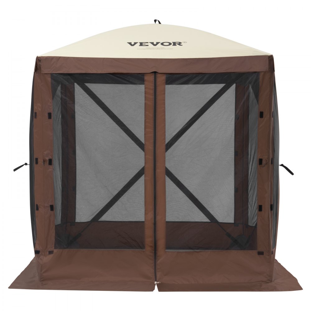 VEVOR pop-up gazebo tent with mesh walls, zipper entry, and brown canopy.