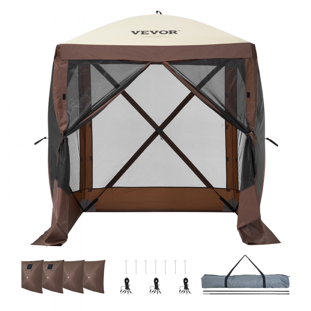 VEVOR pop-up gazebo tent in brown and tan, with mesh walls, stakes, ropes, and carrying bag.