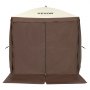 VEVOR pop-up gazebo tent with brown fabric sides and white roof, fully closed front zipper.