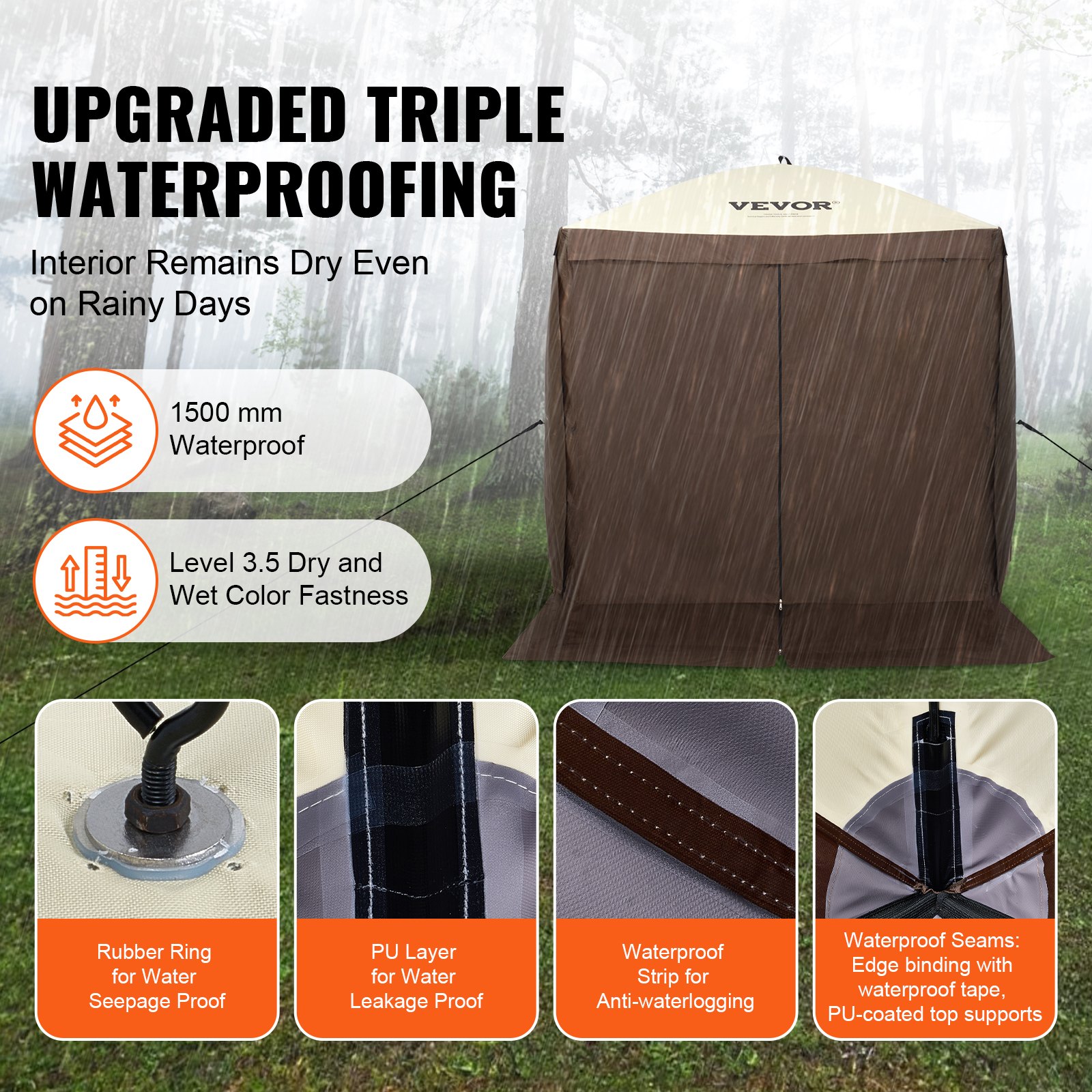 VEVOR pop-up gazebo tent with upgraded triple waterproofing, featuring rubber rings and pu layers.