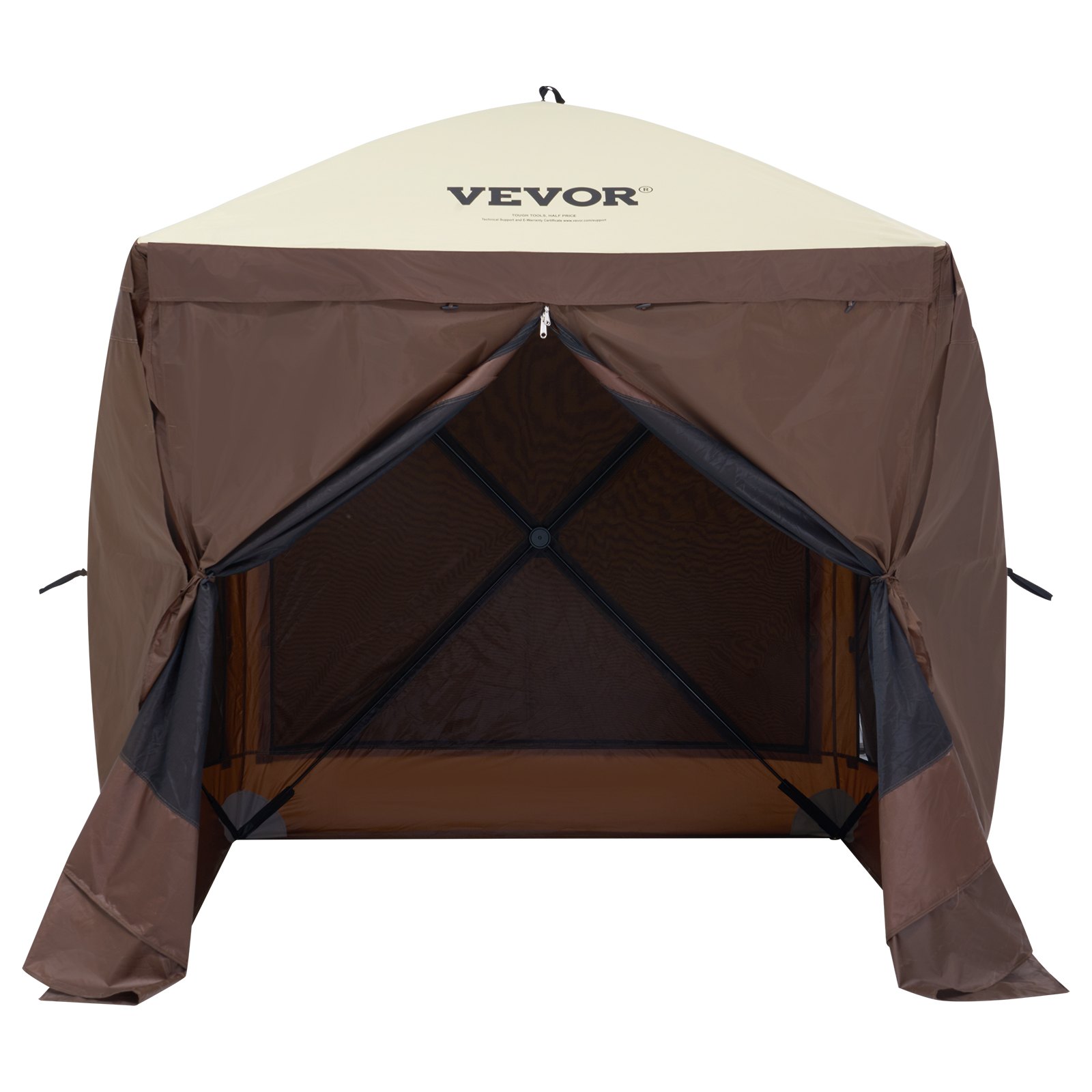 VEVOR pop-up gazebo tent with brown sides and beige roof, displaying the brand logo.
