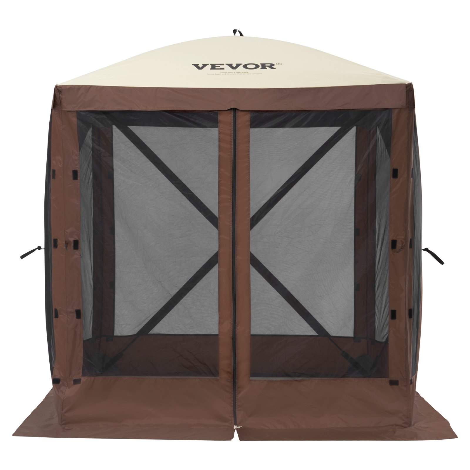 VEVOR pop-up gazebo tent with mesh walls, zipper entry, and brown canopy.