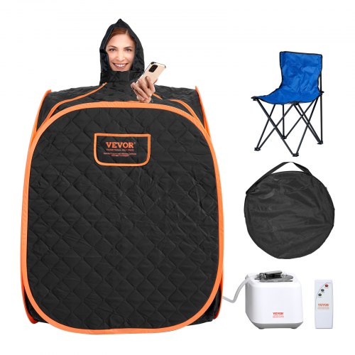 VEVOR Portable Personal Steam Sauna Spa Tent with 2L 1000 Watt Steam Generator, Includes Foldable Chair, Home Therapeutic Sauna Blanket for Detox Relaxation, Time & Temperature Remote Control, Black