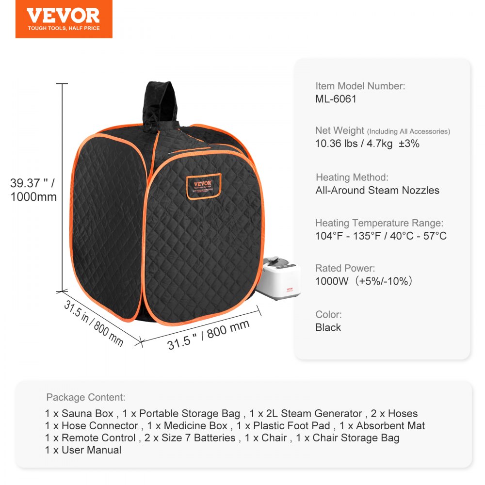 VEVOR Portable Personal Steam Sauna Spa Tent with 2L 1000 Watt Steam Generator, Includes Foldable Chair, Home Therapeutic Sauna Blanket for Detox Relaxation, Time & Temperature Remote Control, Black