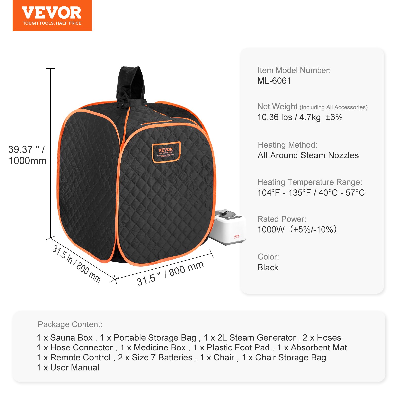 VEVOR Portable Personal Steam Sauna Spa Tent with 2L 1000 Watt Steam Generator, Includes Foldable Chair, Home Therapeutic Sauna Blanket for Detox Relaxation, Time & Temperature Remote Control, Black