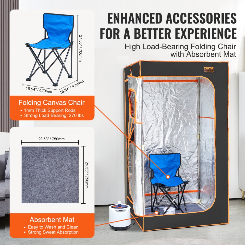 VEVOR Portable Steam Sauna Tent Full Size, 1200W With Visible Window, Personal Sauna Blanket Kit for Home Spa, Detoxify & Soothing Heated Body Therapy,Time&Temperature Remote Control with Chair,Black