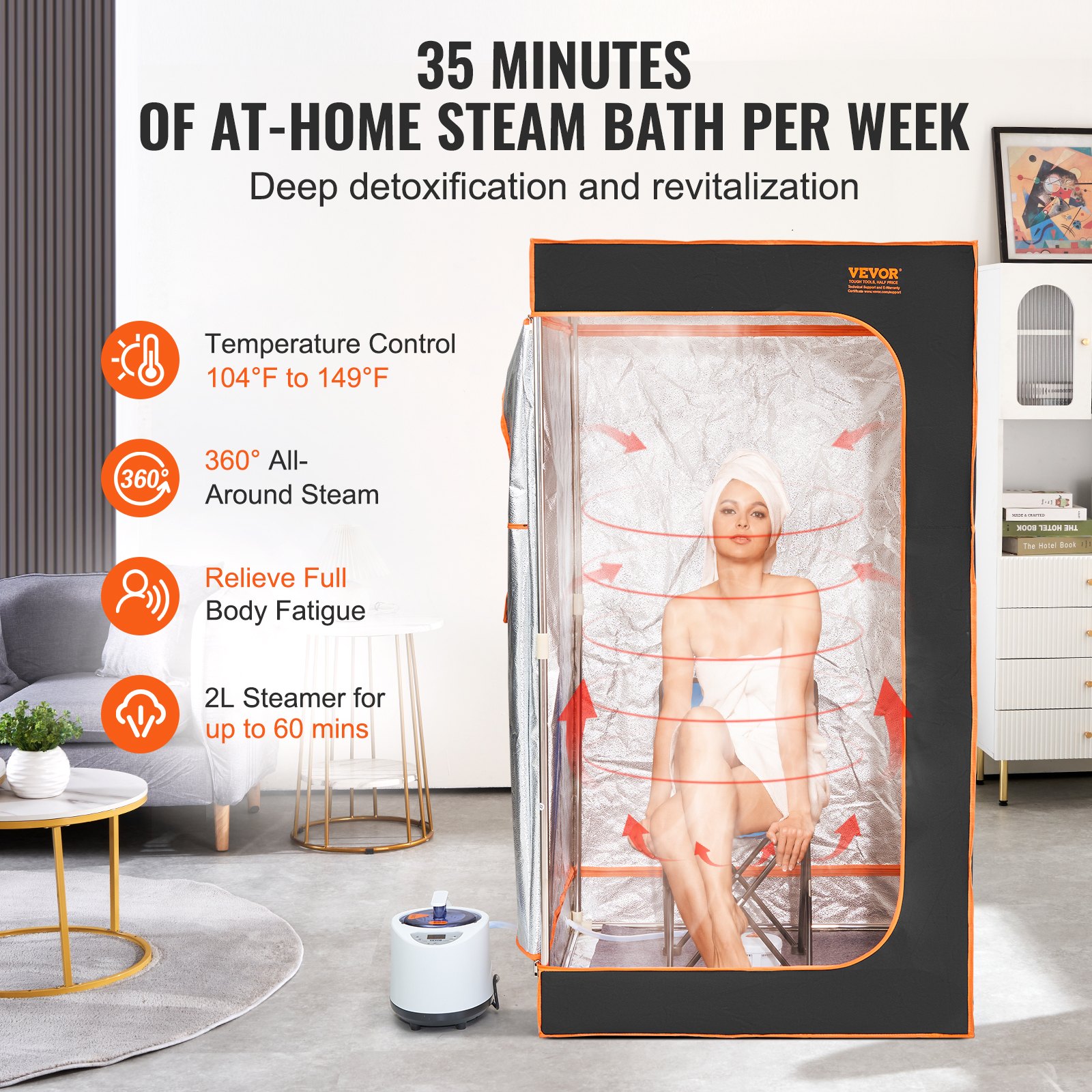 VEVOR Portable Steam Sauna Tent Full Size, 1200W With Visible Window, Personal Sauna Blanket Kit for Home Spa, Detoxify & Soothing Heated Body Therapy,Time&Temperature Remote Control with Chair,Black