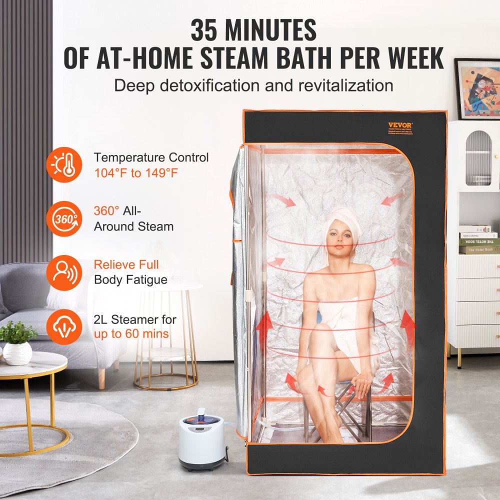 VEVOR Portable Steam Sauna Tent Full Size, 1000W With Visible Window, Personal Sauna Blanket Kit for Home Spa, Detoxify & Soothing Heated Body Therapy,Time&Temperature Remote Control with Chair,Black