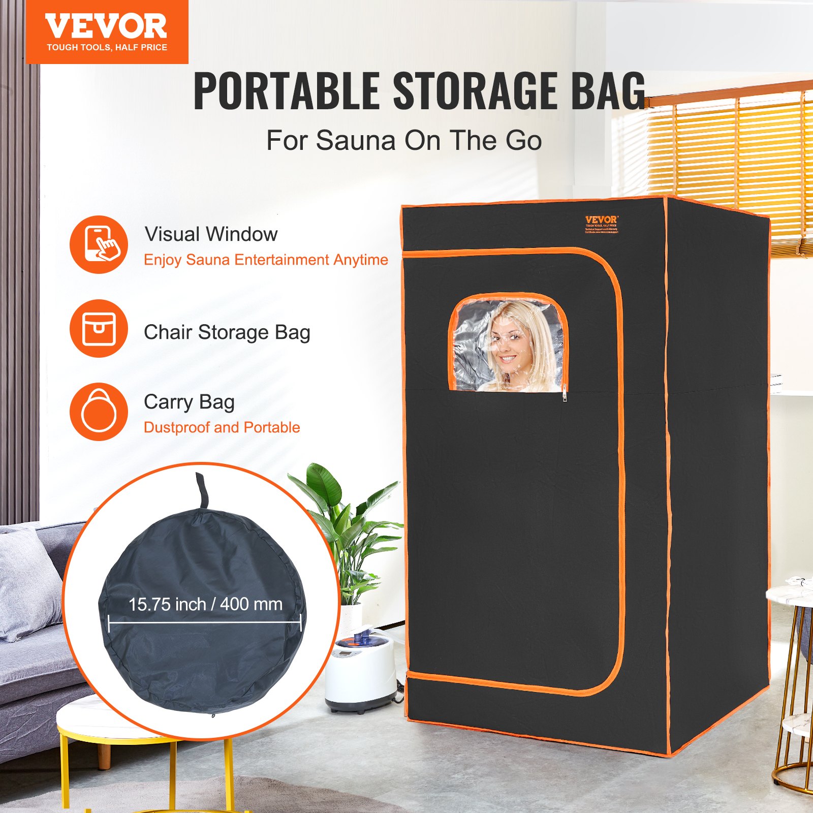 VEVOR Portable Steam Sauna Tent Full Size, 1000W With Visible Window, Personal Sauna Blanket Kit for Home Spa, Detoxify & Soothing Heated Body Therapy,Time&Temperature Remote Control with Chair,Black