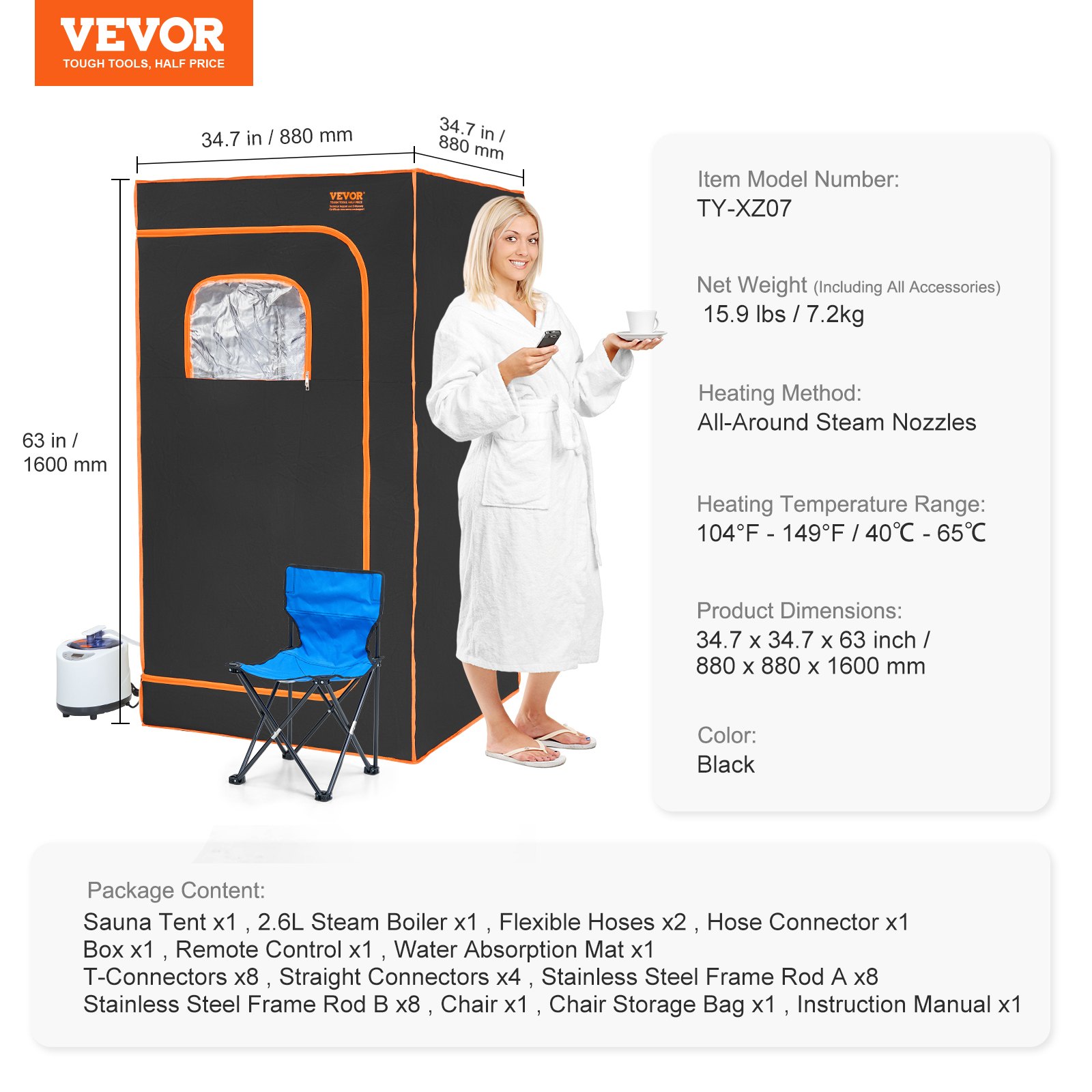VEVOR Portable Steam Sauna Tent Full Size, 1000W With Visible Window, Personal Sauna Blanket Kit for Home Spa, Detoxify & Soothing Heated Body Therapy,Time&Temperature Remote Control with Chair,Black