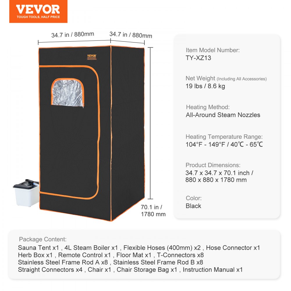 VEVOR Portable Steam Sauna Tent Full Size, 2000W With Visible Window, Personal Sauna Blanket Kit for Home Spa, Detoxify & Soothing Heated Body Therapy,Time&Temperature Remote Control with Chair,Black