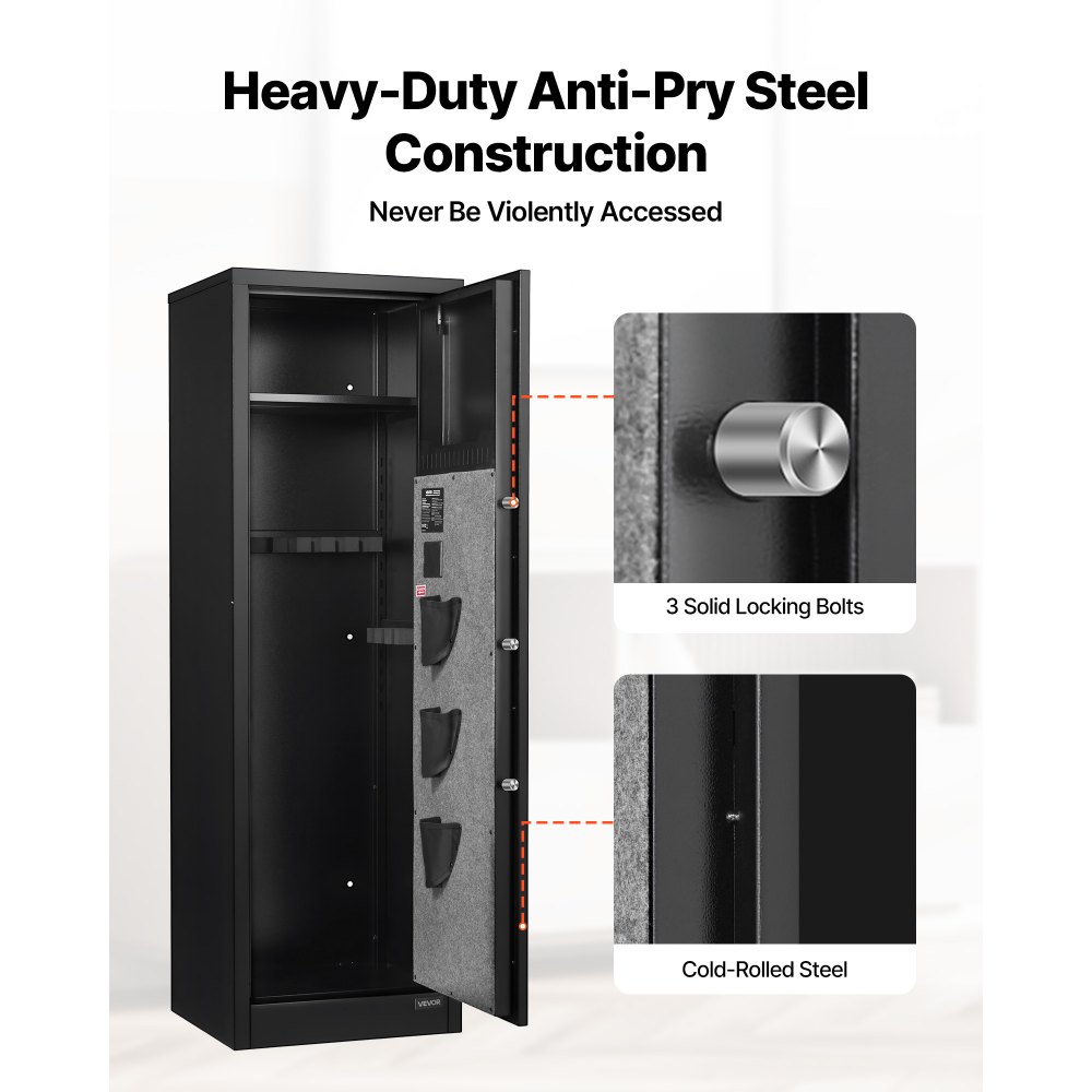 VEVOR 8-10 Gun Safe, Long Gun Cabinet for Rifles and Pistols, Quick Access Rifle Safe with 3 Pistol Pockets and Adjustable Racks, Large Digital Cabinet with Fingerprint and Password Lock