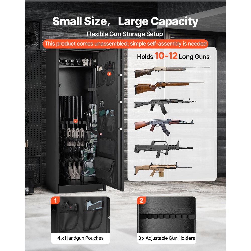 VEVOR 10-12 Gun Safe, Long Gun Cabinet for Rifles and Pistols, Quick Access Rifle Safe with 4 Pistol Pockets and 3 Adjustable Racks, Large Digital Cabinet with Key and Password Lock
