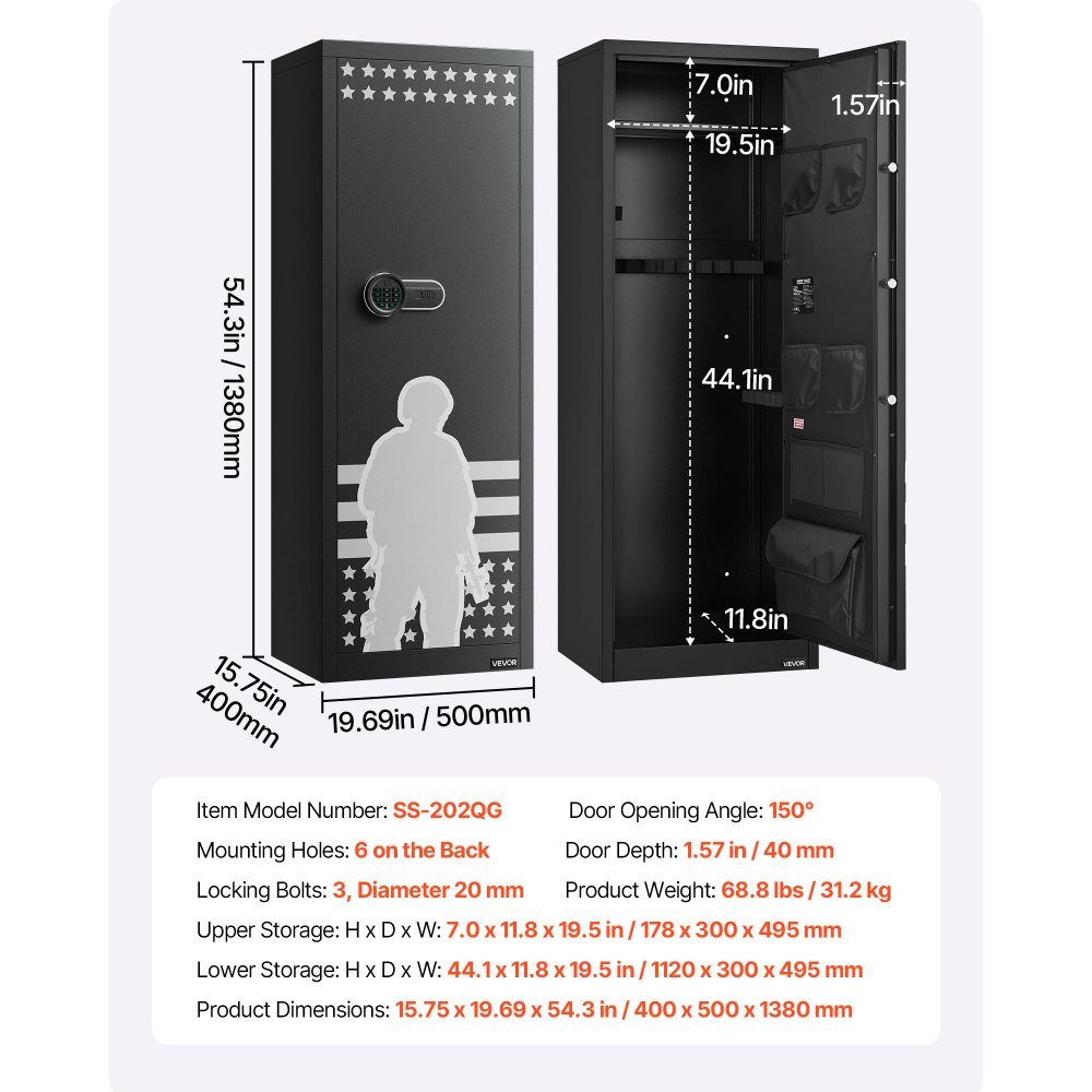 VEVOR 10-12 Gun Safe, Long Gun Cabinet for Rifles and Pistols, Quick Access Rifle Safe with 4 Pistol Pockets and 3 Adjustable Racks, Large Digital Cabinet with Key and Password Lock