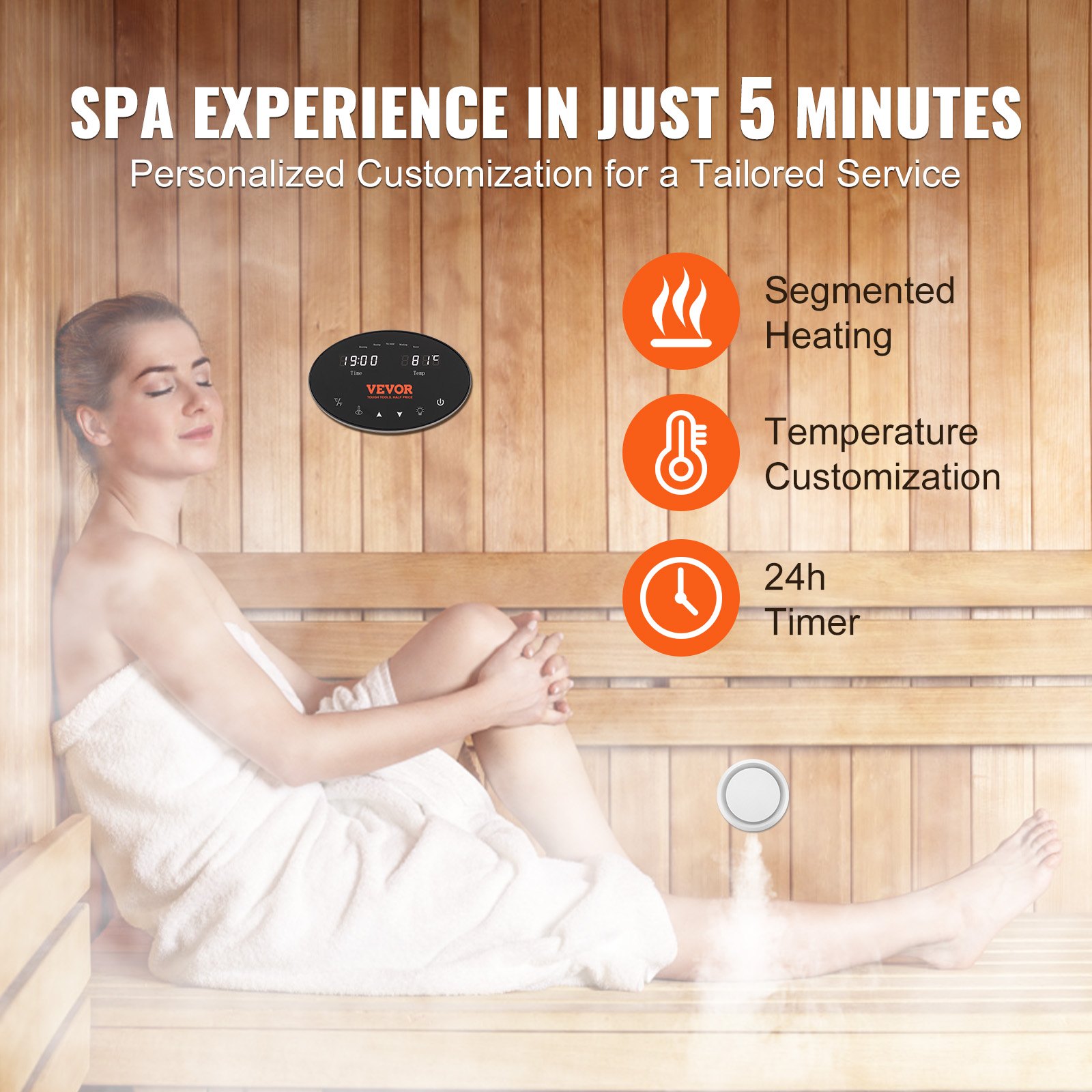 VEVOR 12KW Steam Shower Generator, Segmented Heating & Temperature Customization & 24h Timer Steam Kit, Automatic Drainage Home Steam Shower System Tested to UL Standards