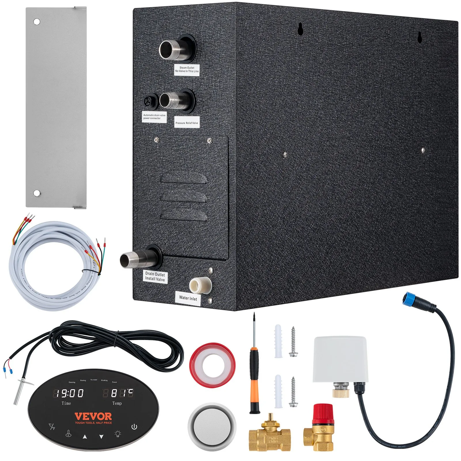 VEVOR 12KW Steam Shower Generator, Segmented Heating & Temperature Customization & 24h Timer Steam Kit, Automatic Drainage Home Steam Shower System Tested to UL Standards
