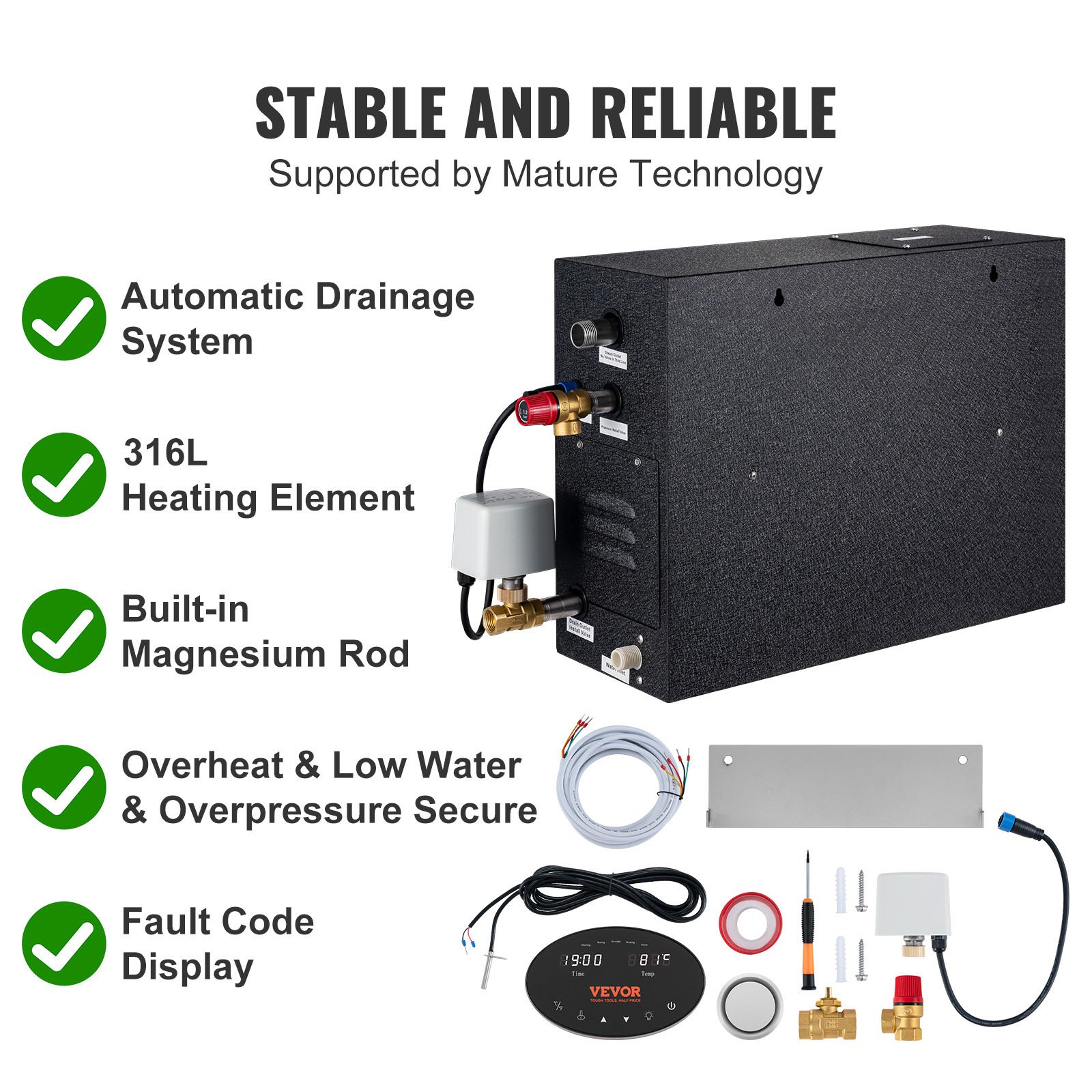 VEVOR Steam Shower Generator, 15 kW, Segmented Heating & Temperature Customization & 24h Timer Steam Bath Kit, Automatic Drainage Luxury Home Steam Shower System, Acrylic Room Tested to UL Standards