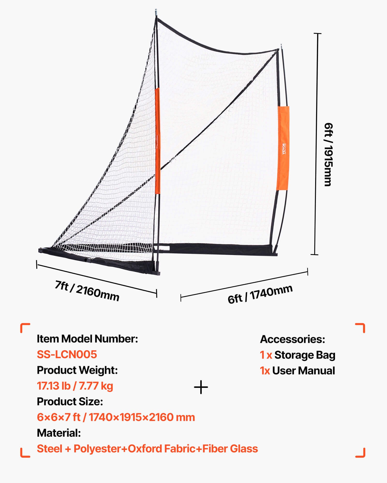 VEVOR Lacrosse Goal, 6' x 6' Lacrosse Net, Portable Lacrosse Goal with Carry Bag, Fiberglass Rod Backyard Lacrosse Training Equipment, Easy Setup Collegiate Goal, Perfect for Youth Adult Training
