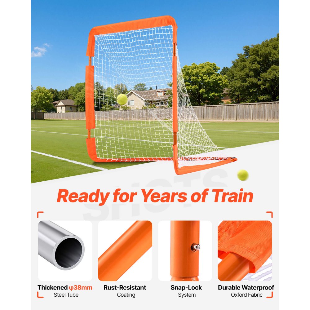 VEVOR Lacrosse Goal, 4' x 4' Small Kids Lacrosse Net, Folding Portable Lacrosse Goal with Carry Bag, Iron Frame Backyard Training Equipment, Quick & Easy Setup, Perfect for Youth Training, Orange