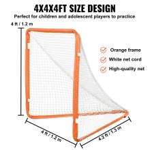 VEVOR Lacrosse Goal, 4' x 4' Small Kids Lacrosse Net, Folding Portable Lacrosse Goal with Carry Bag, Iron Frame Backyard Training Equipment, Quick & Easy Setup, Perfect for Youth Training, Orange