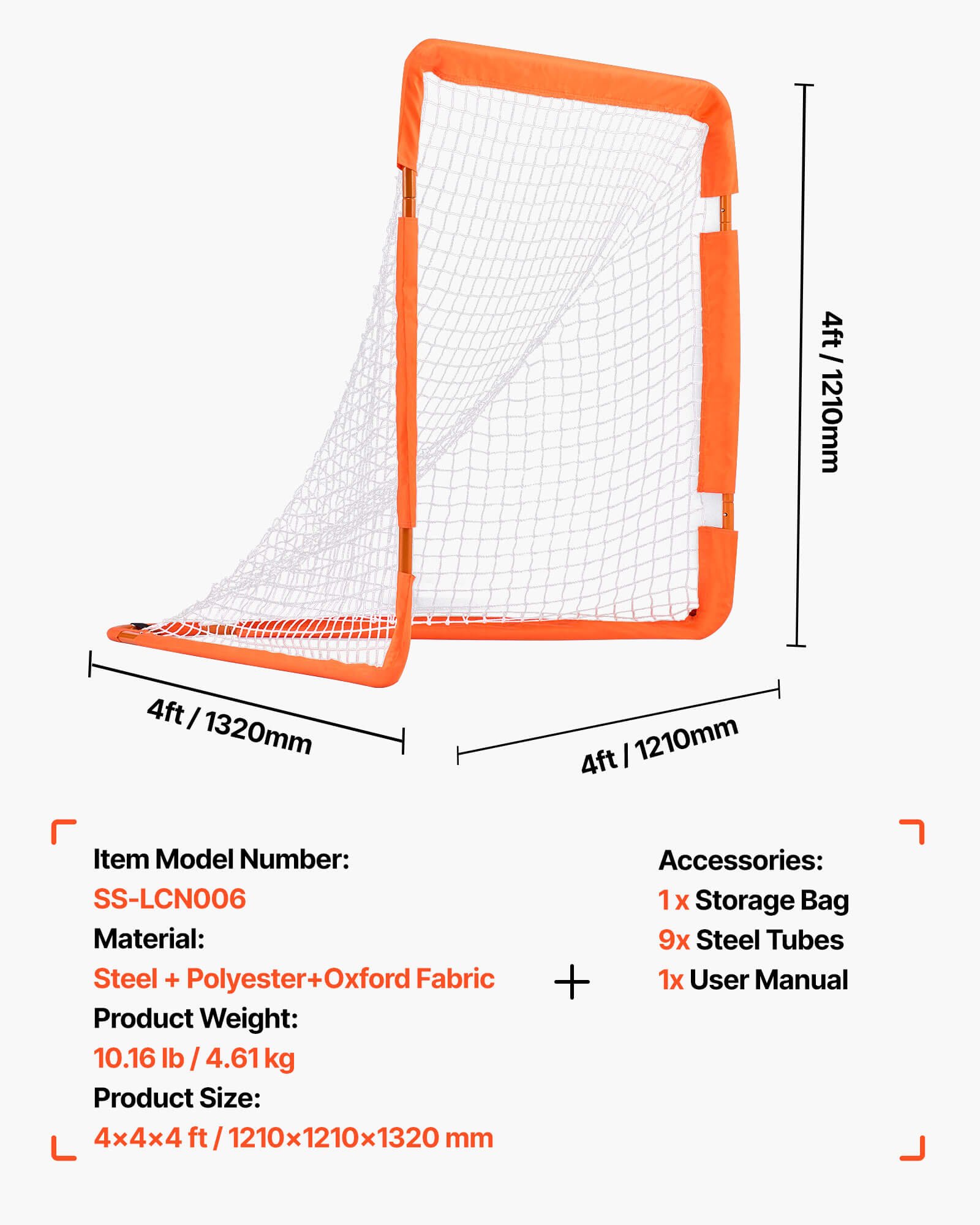 VEVOR Lacrosse Goal, 1.2 mx 1.2 m Small Kids Lacrosse Net, Folding Portable Lacrosse Goal with Carry Bag, Iron Frame Backyard Training Equipment, Quick & Easy Setup, Perfect for Youth Training, Orange