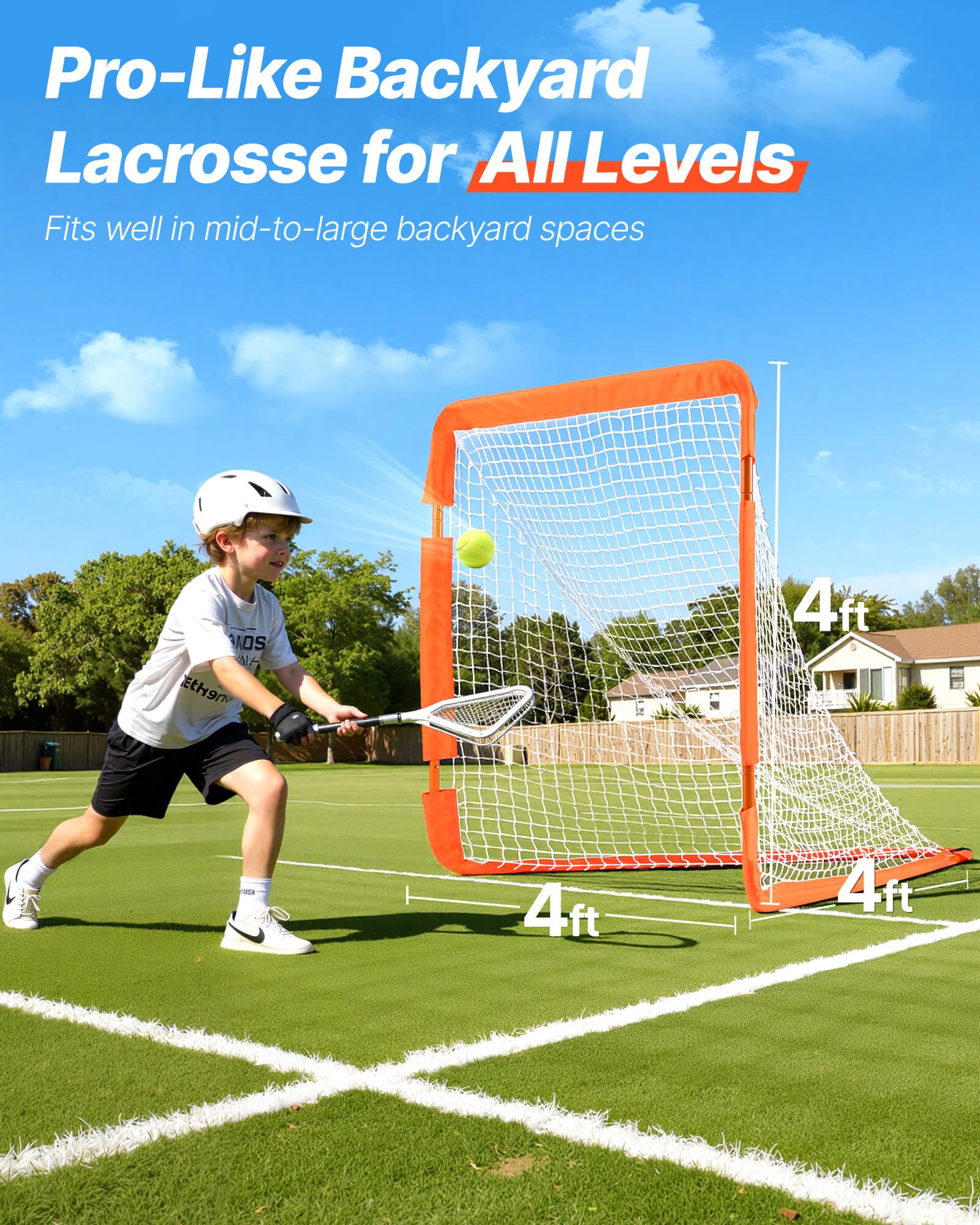 VEVOR Lacrosse Goal, 4' x 4' Small Kids Lacrosse Net, Folding Portable Lacrosse Goal with Carry Bag, Iron Frame Backyard Training Equipment, Quick & Easy Setup, Perfect for Youth Training, Orange