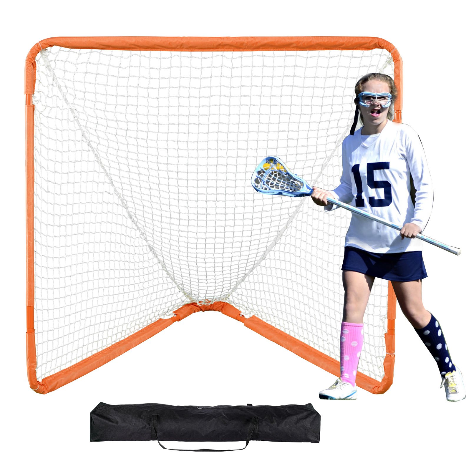 VEVOR Lacrosse Goal, 4' x 4' Small Kids Lacrosse Net, Folding Portable Lacrosse Goal with Carry Bag, Iron Frame Backyard Training Equipment, Quick & Easy Setup, Perfect for Youth Training, Orange