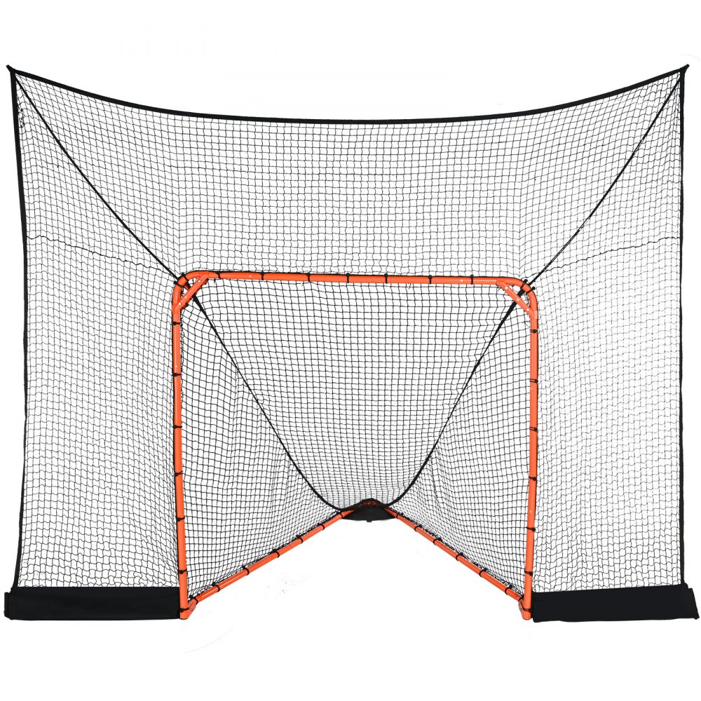 VEVOR lacrosse goal backstop with sturdy orange frame and mesh netting for practice and training.