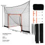 VEVOR lacrosse goal backstop with orange frame, black net, and assembly parts, measuring 6x9 feet.