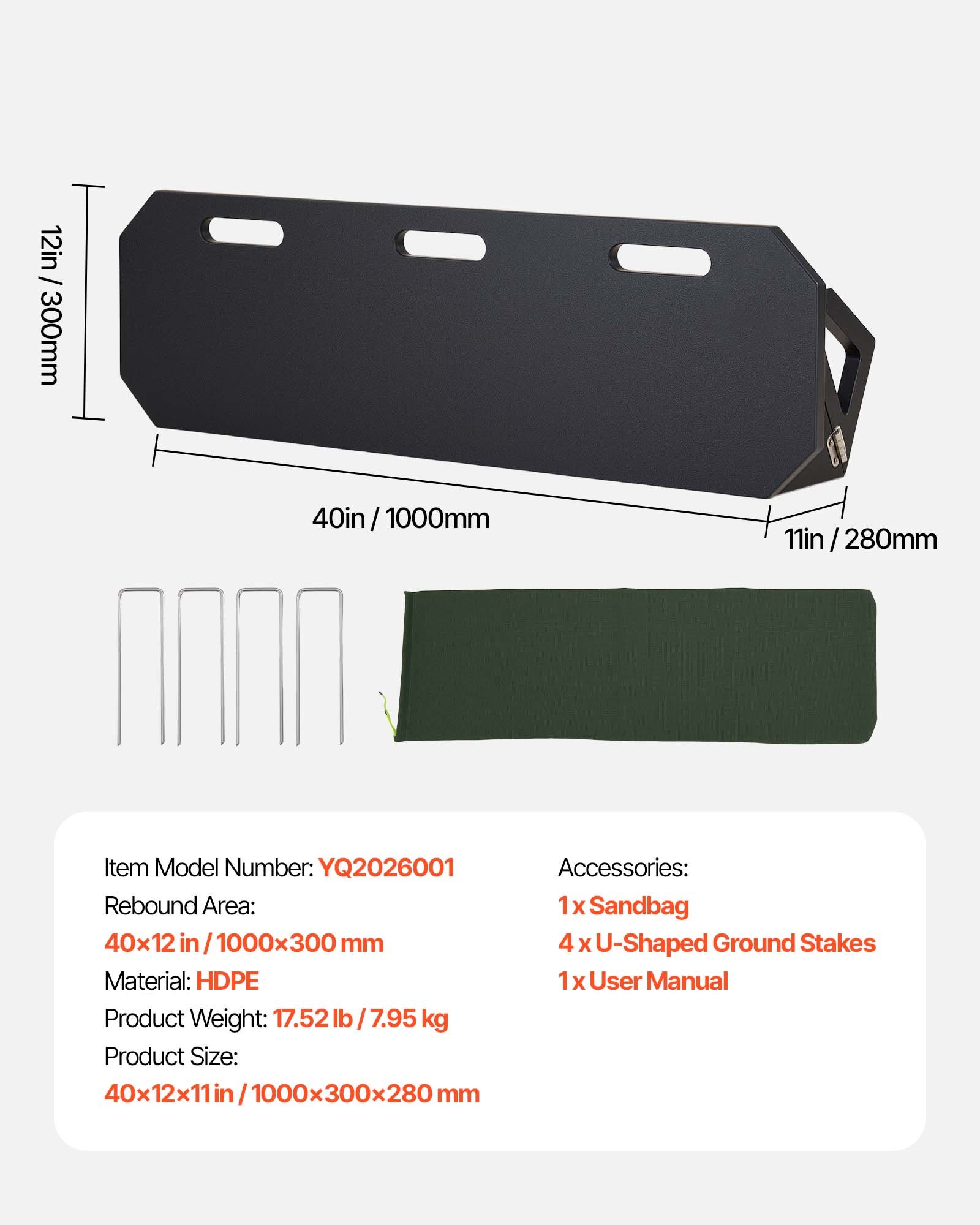 VEVOR Soccer Rebounder Board, 1000 x 300 mm Portable Soccer Rebound Wall, HDPE Sports Kick Back Trainer, 3 Adjustable Angles, Easy Setup Ball Practice Training Equipment for Passing & Reaction Skills