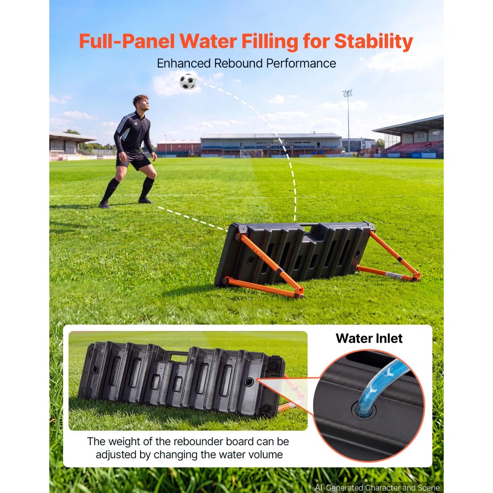 VEVOR Soccer Rebounder Board, 95 x 25 cm Dual-Sided Soccer Rebound Wall, 4 Adjustable Angles, Portable Water-Fillable PE Kickback Trainer, Ground Stakes for Kids Adults, Passing & Shooting Practice