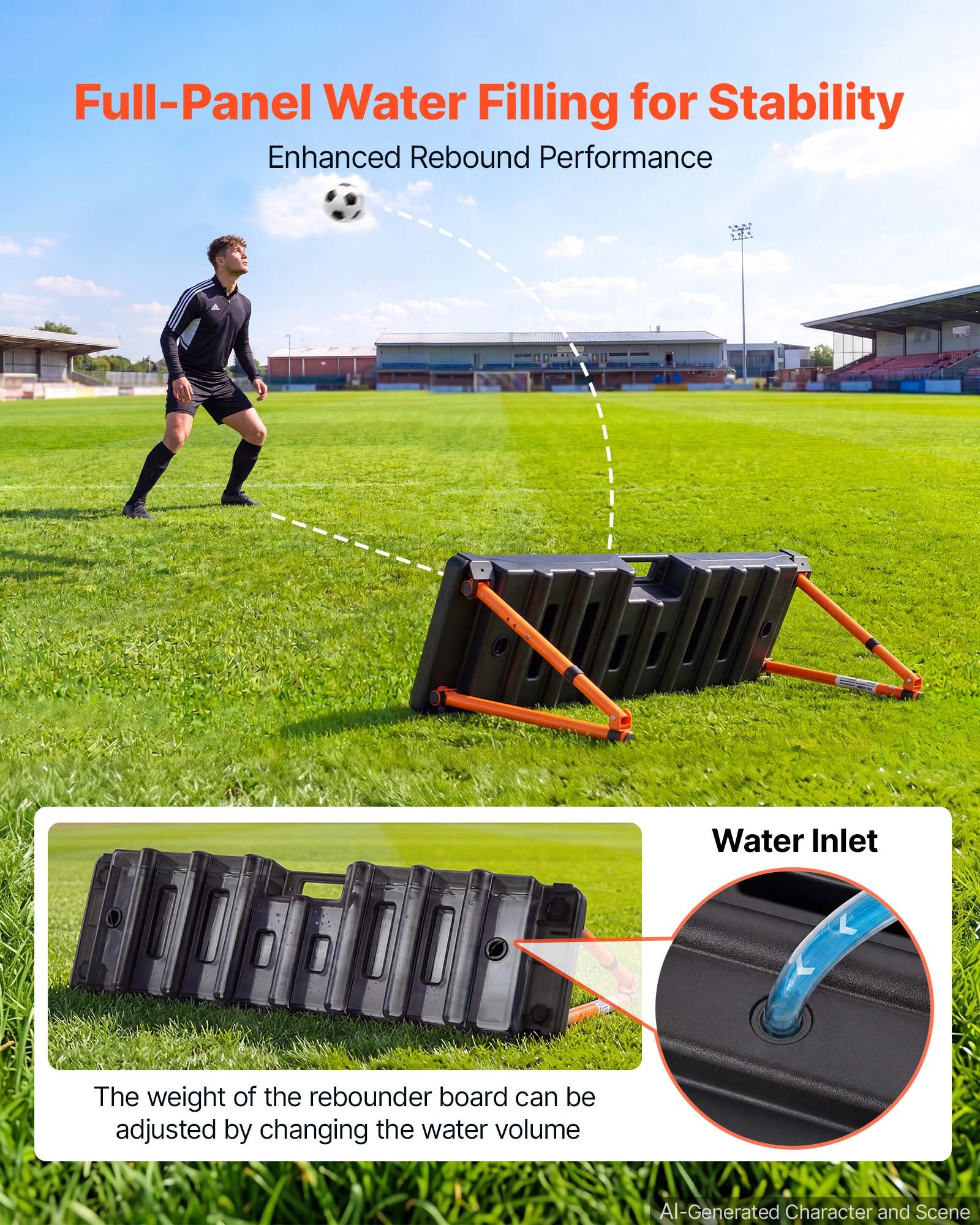 VEVOR Soccer Rebounder Board, 95 x 25 cm Dual-Sided Soccer Rebound Wall, 4 Adjustable Angles, Portable Water-Fillable PE Kickback Trainer, Ground Stakes for Kids Adults, Passing & Shooting Practice