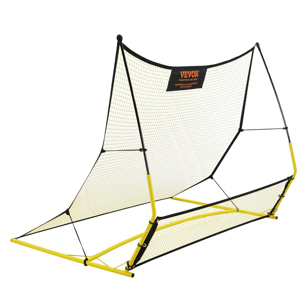 VEVOR soccer rebounder with yellow and black frame, robust netting, and stable support structure.