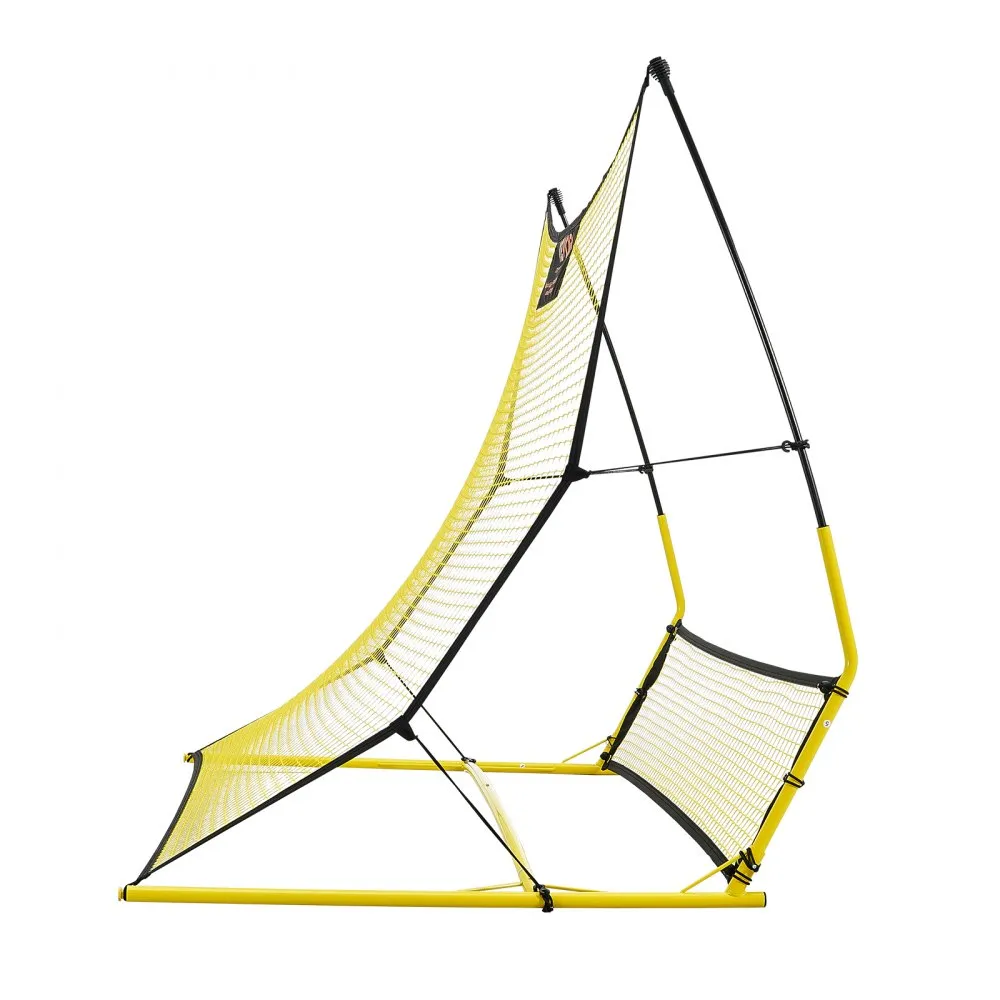 yellow and black VEVOR soccer rebounder with sturdy frame and angled netting for improved practice.