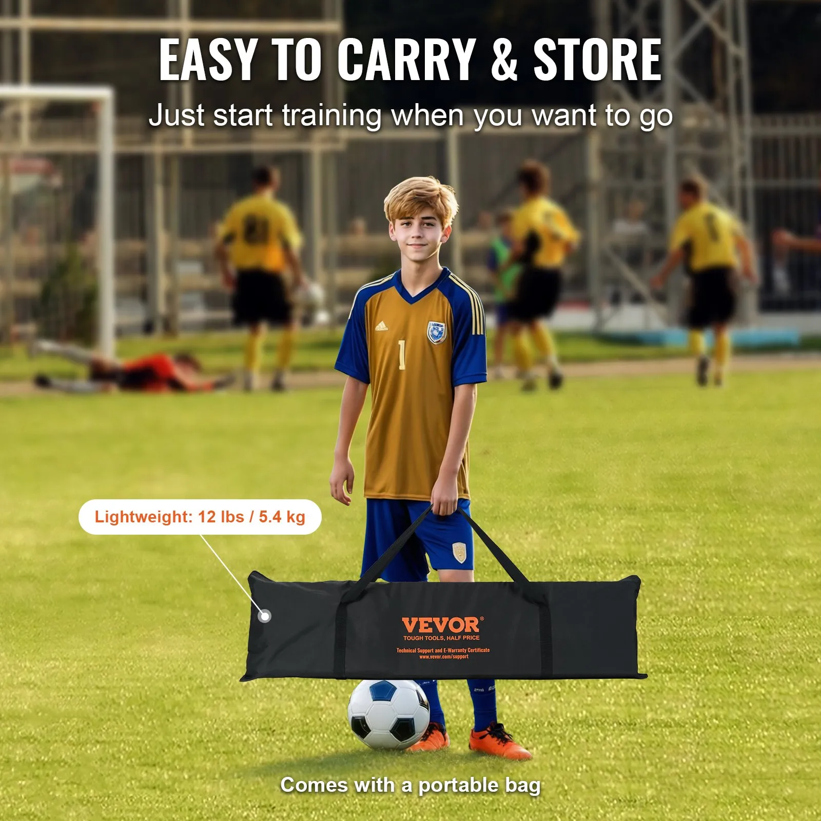 VEVOR soccer rebounder carried by a young player on a field, showcasing portability and ease of use.
