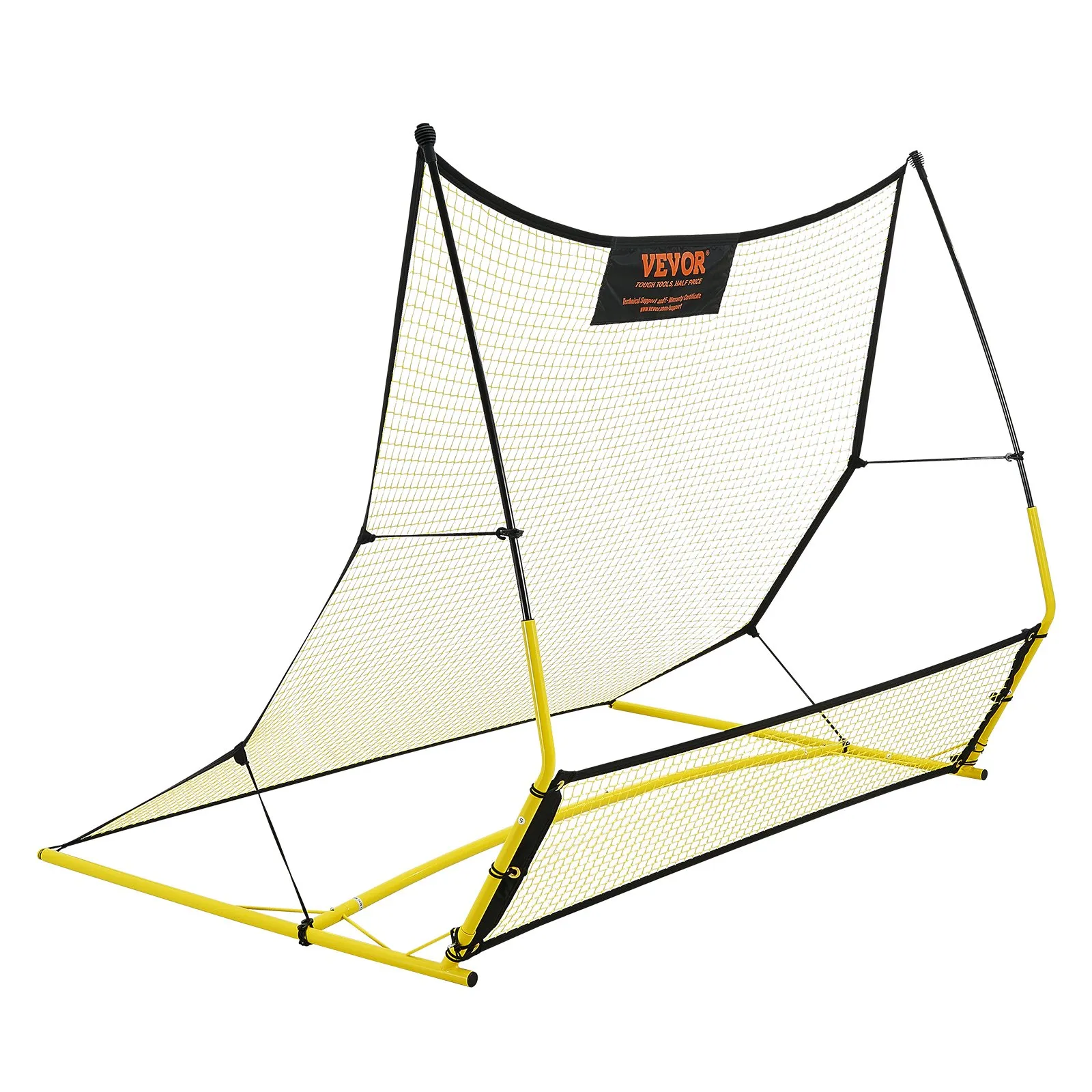 VEVOR soccer rebounder with yellow and black frame, robust netting, and stable support structure.