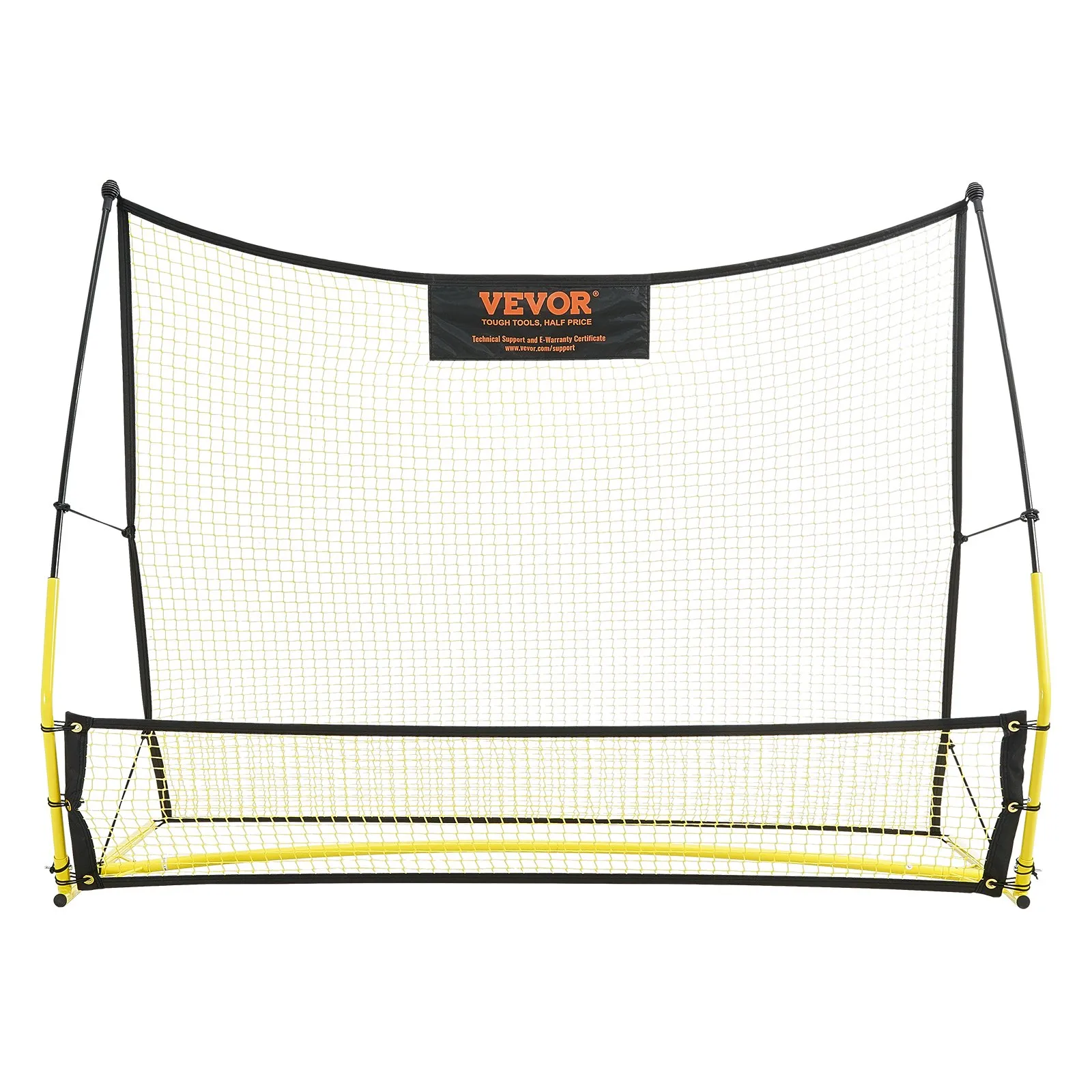 VEVOR soccer rebounder with a yellow and black frame and a durable net for soccer training drills.