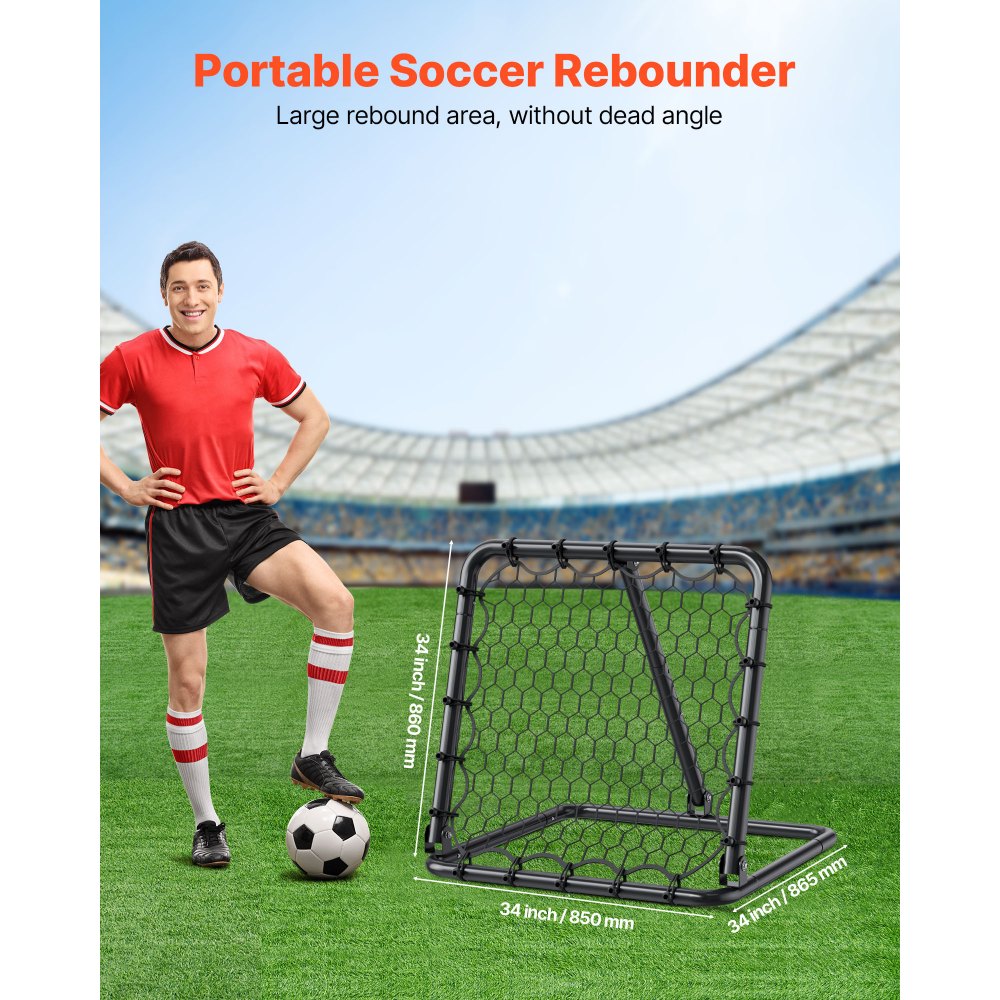 VEVOR Soccer Rebounder Rebound Net, Kick-Back 34"x34", Portable Football Training Gifts, Fully Adjustable Angles Goal Net, Aids & Equipment for Kids Teens & All Ages, Easy Set Up & Perfect Storage