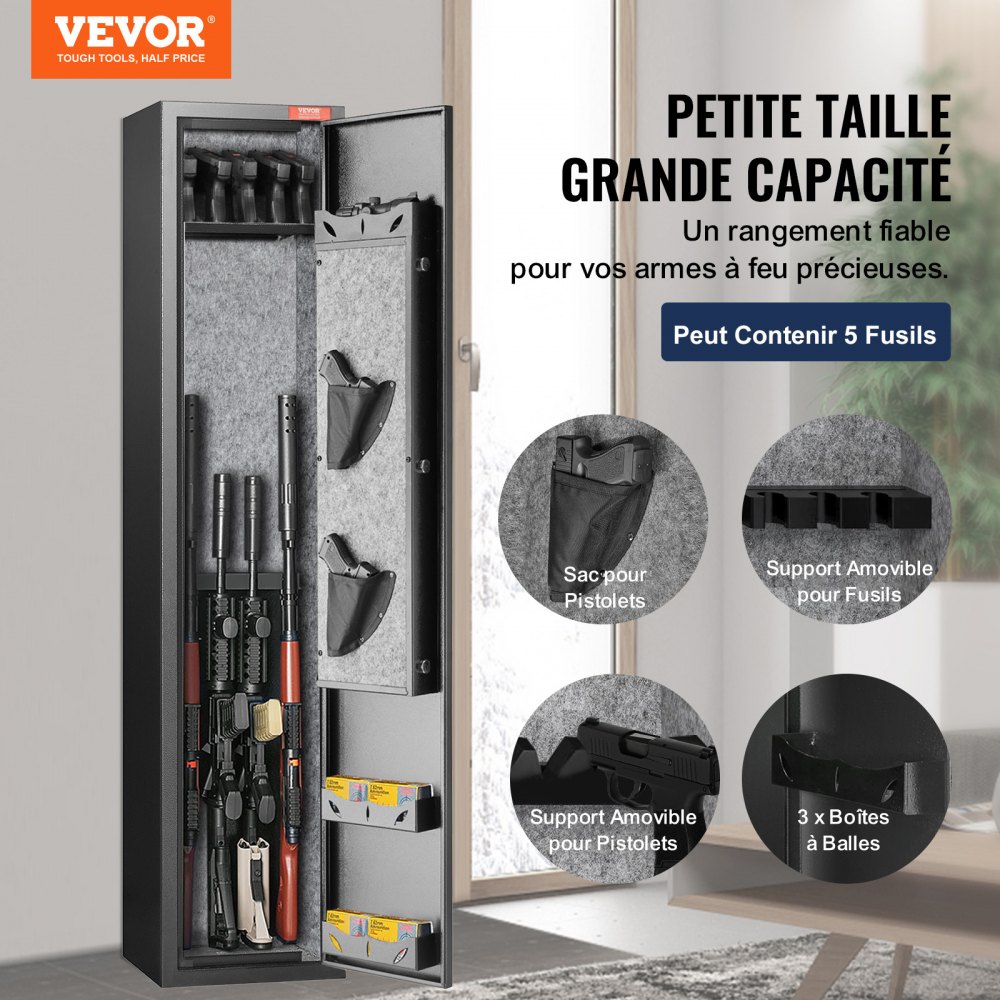 VEVOR 5 Rifles Gun Safe, Rifle Safe with Fingerprint Lock, Quick Access Gun Storage Cabinet for Shotguns with Removable Shelf, Pistol Rack, Ammo Storage Box for Home Long Gun and Pistols